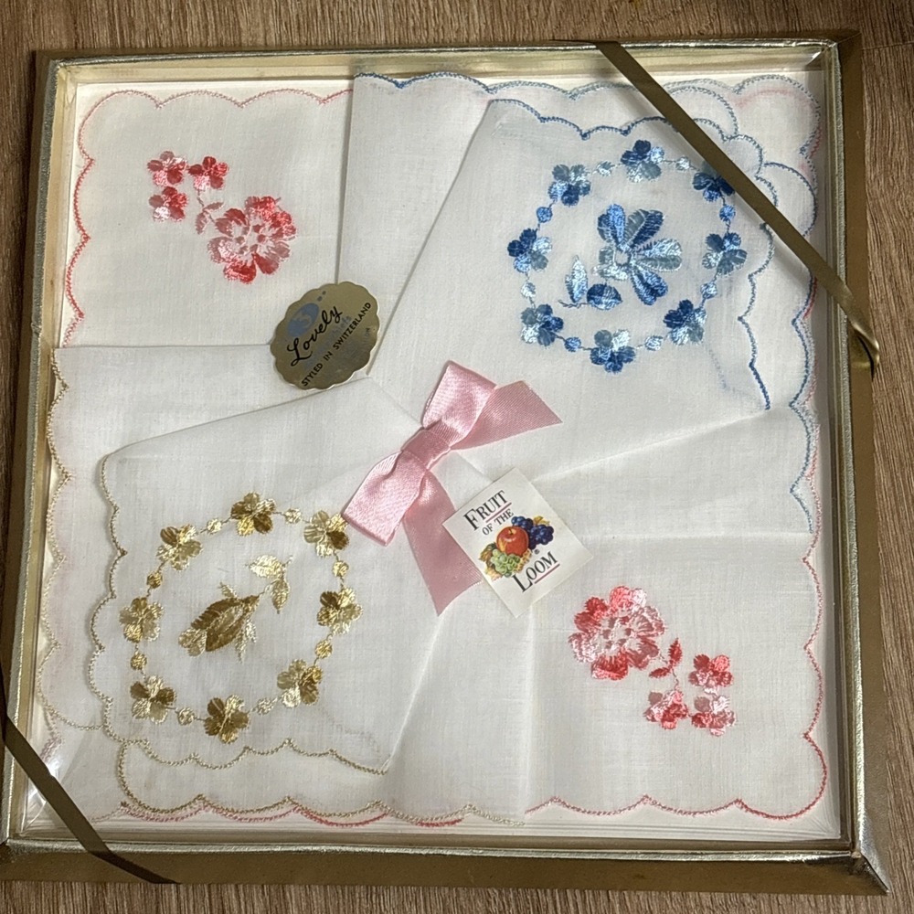 NOS Fruit Of The Loom 3 Ladies Handkerchief Full Size Embroidered Pink Blue Vtg